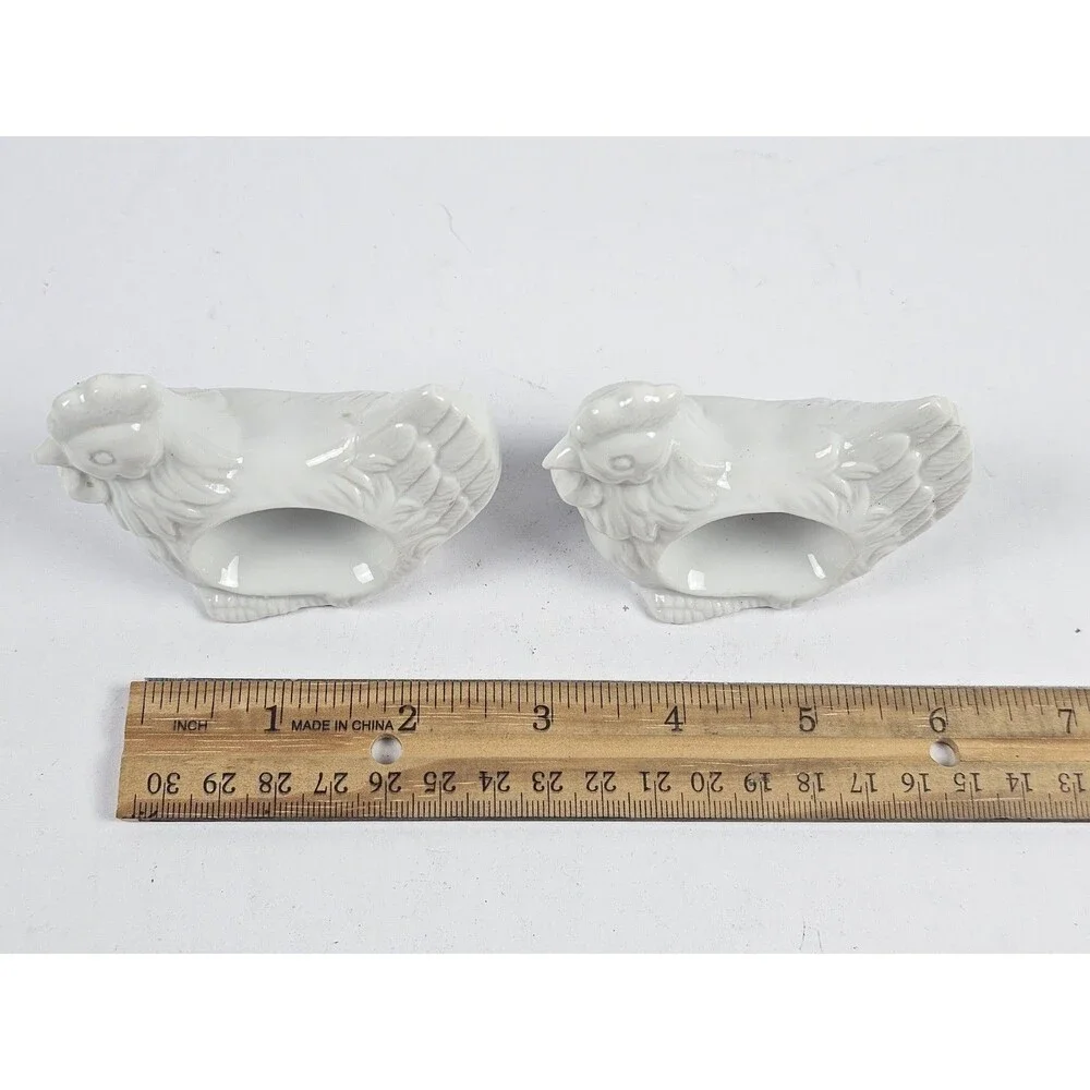 Shafford Ceramic White Chicken Hen Rooster Napkin Rings Vintage Set of 2